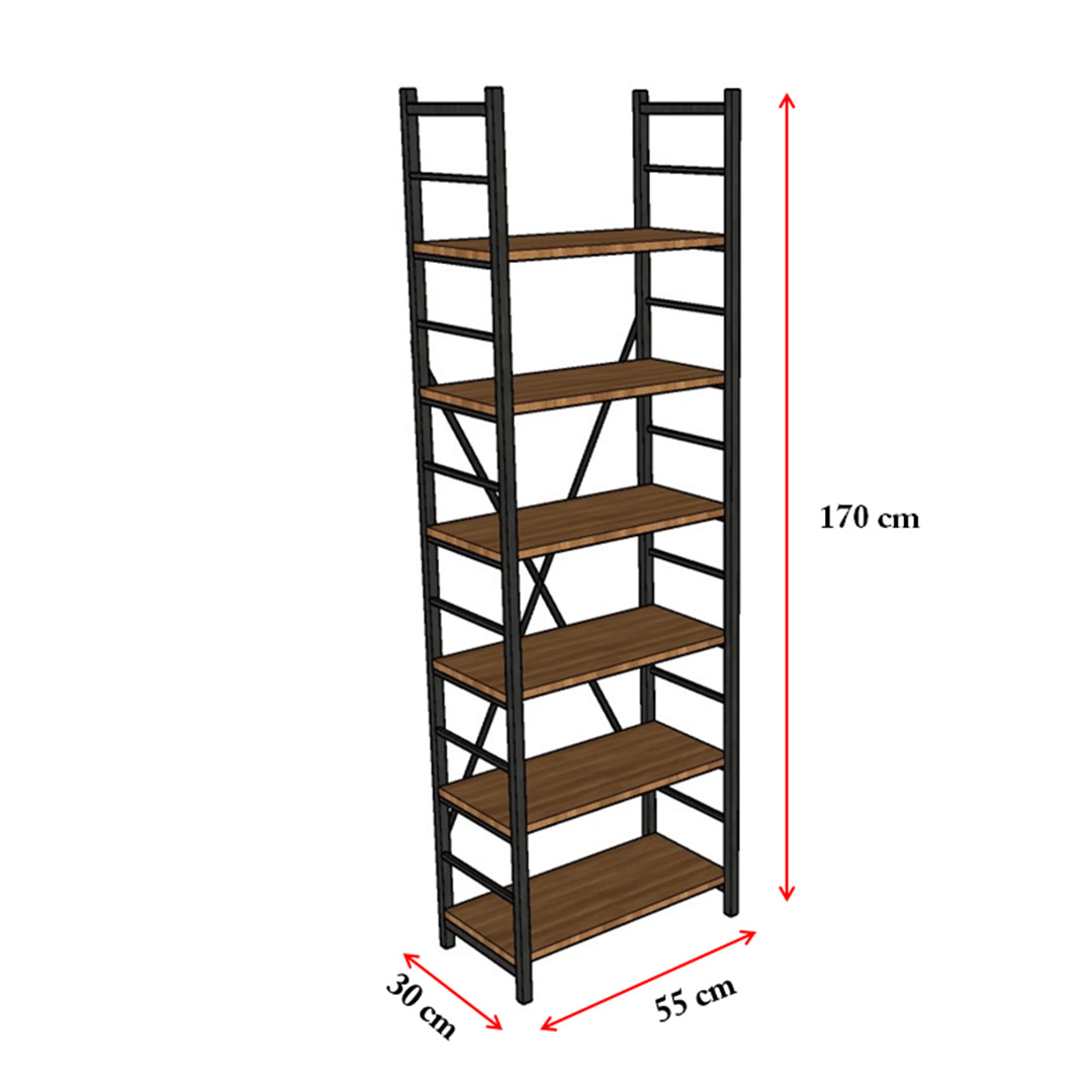 6 Raflı Metal Kitaplık Metal-K-01 Afrika Ceviz (55 cm)