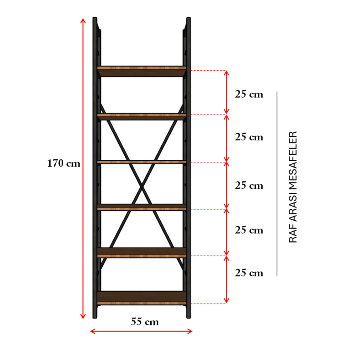 6 Raflı Metal Kitaplık Metal-K-01 Afrika Ceviz (55 cm)