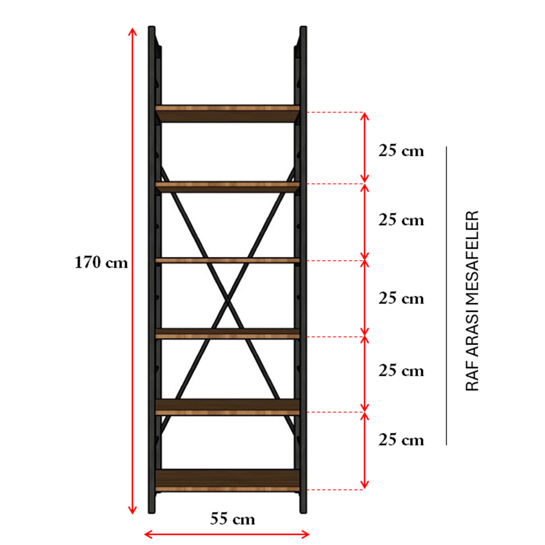 6 Raflı Metal Kitaplık Metal-K-01 Beyaz (55 cm)