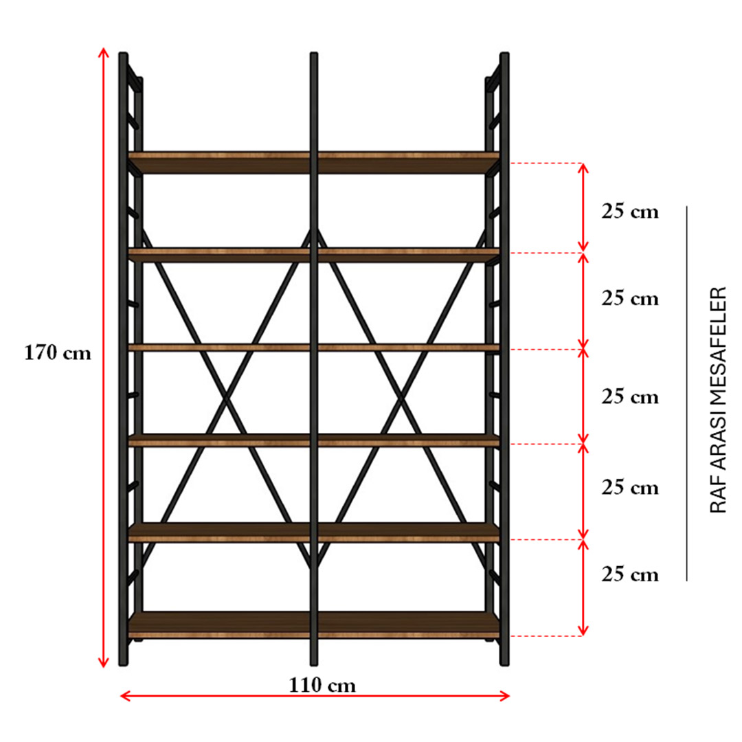 6 Raflı Metal Kitaplık Metal-K-02 Akça Ağaç (110 cm)