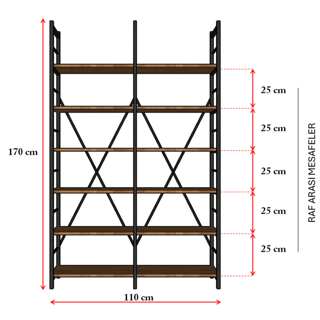 6 Raflı Metal Kitaplık Metal-K-02 Kül Gri (110 cm)