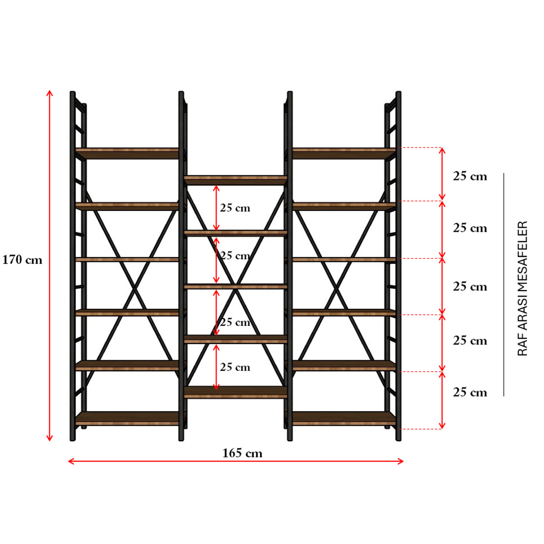 6 Raflı Metal Kitaplık METALK-03 Safir Meşe (165 cm)