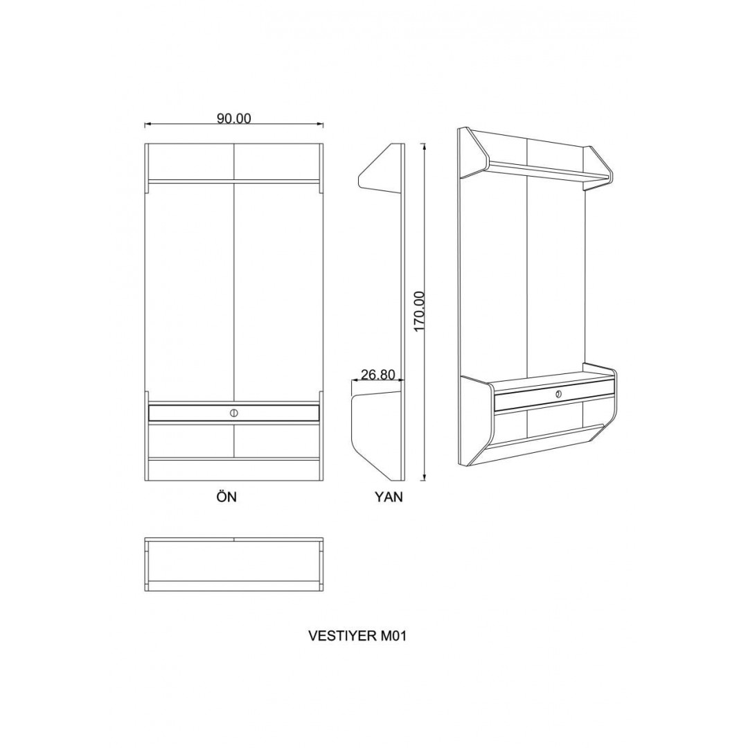 Vestiyer Retro Gümüş & Koyu Gri & Teak (90 cm)