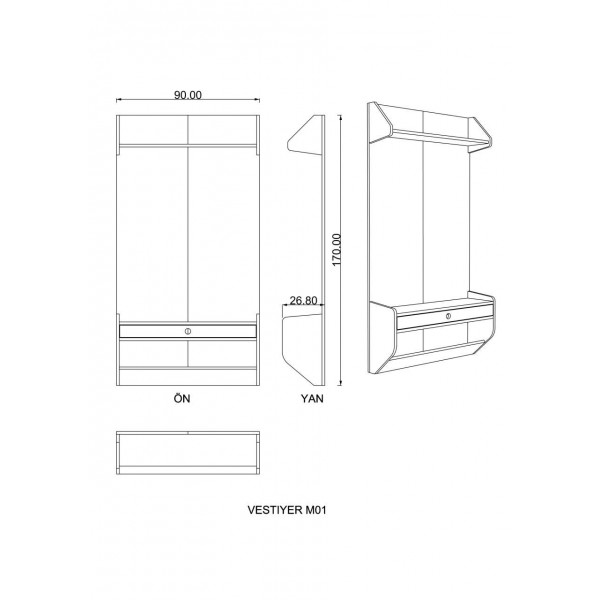 Vestiyer Retro Gümüş & Koyu Gri & Teak (90 cm)