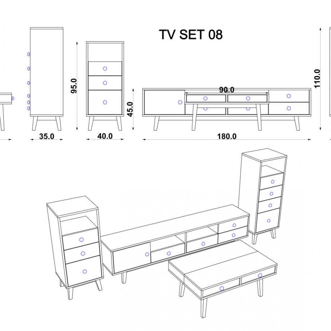 TV Grubu Alya & Koyu Gri & Beyaz (50 cm)