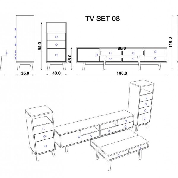 TV Grubu Alya & Koyu Gri & Beyaz (50 cm)