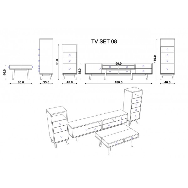 TV Grubu Alya & Koyu Gri & Beyaz (50 cm)