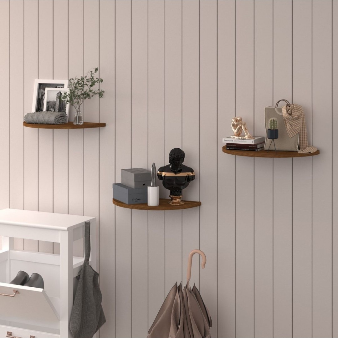 Doğal Modern Organizer Düzenleyici 3'lü Oval Dekoratif Kitaplık Banyo Mutfak Duvar Rafı Meşe